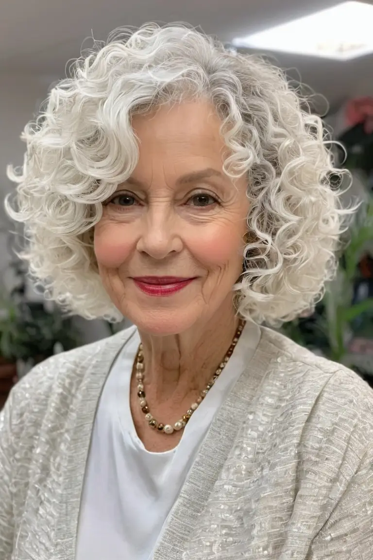Layered White Curly Bob