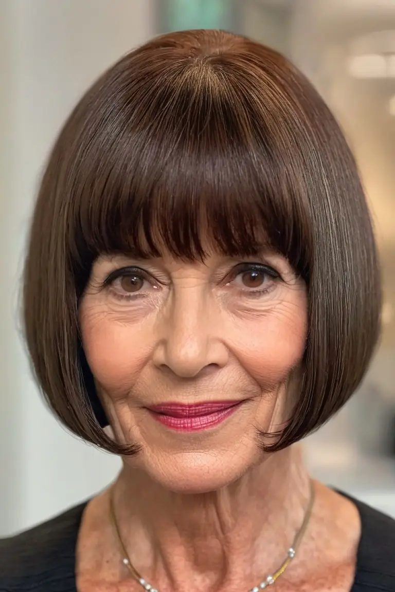 Rounded Chocolate Brown Bob With Fringe