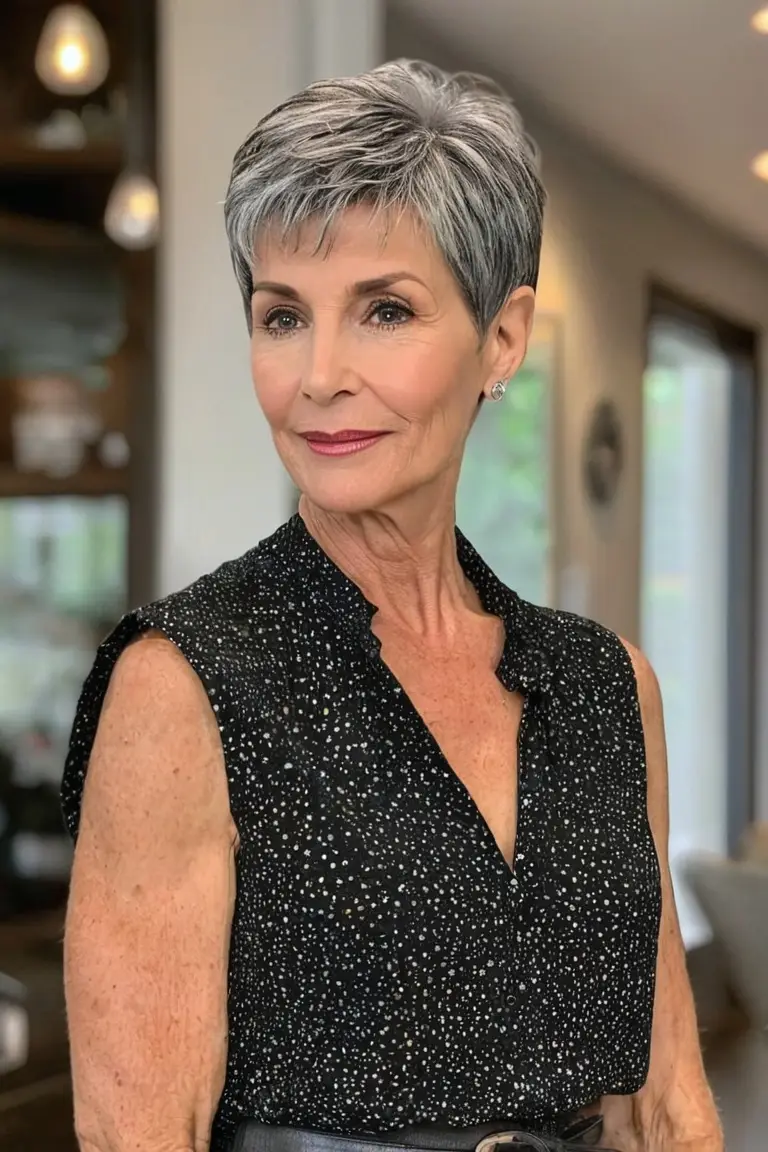 Salt & Pepper Pixie With Piecey Bangs