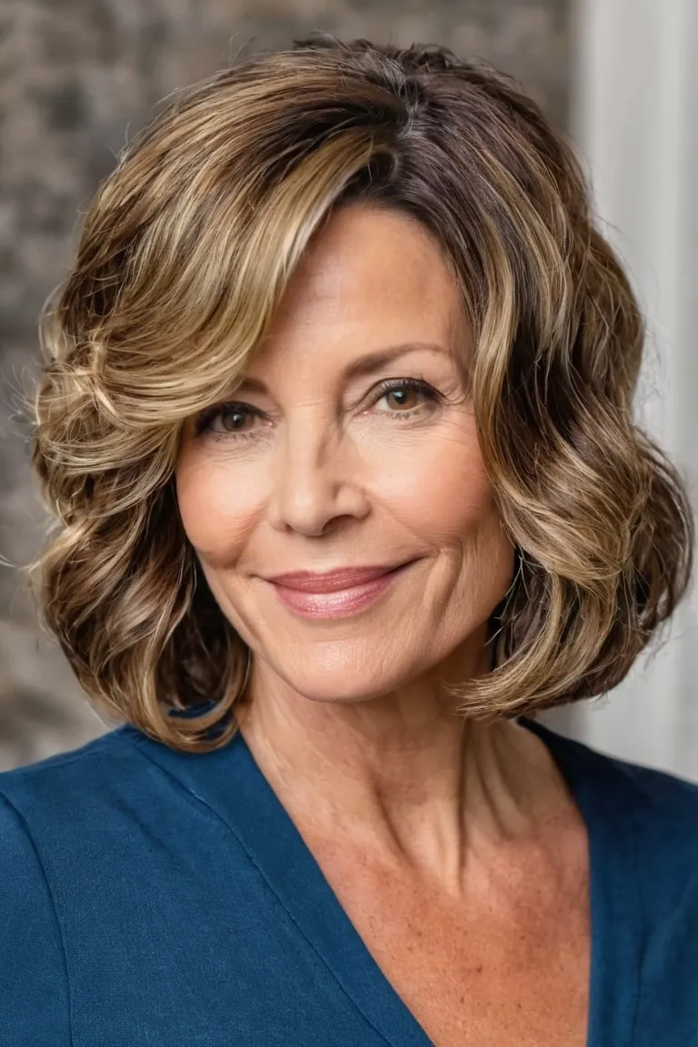 Wavy Brunette Bob With Highlights