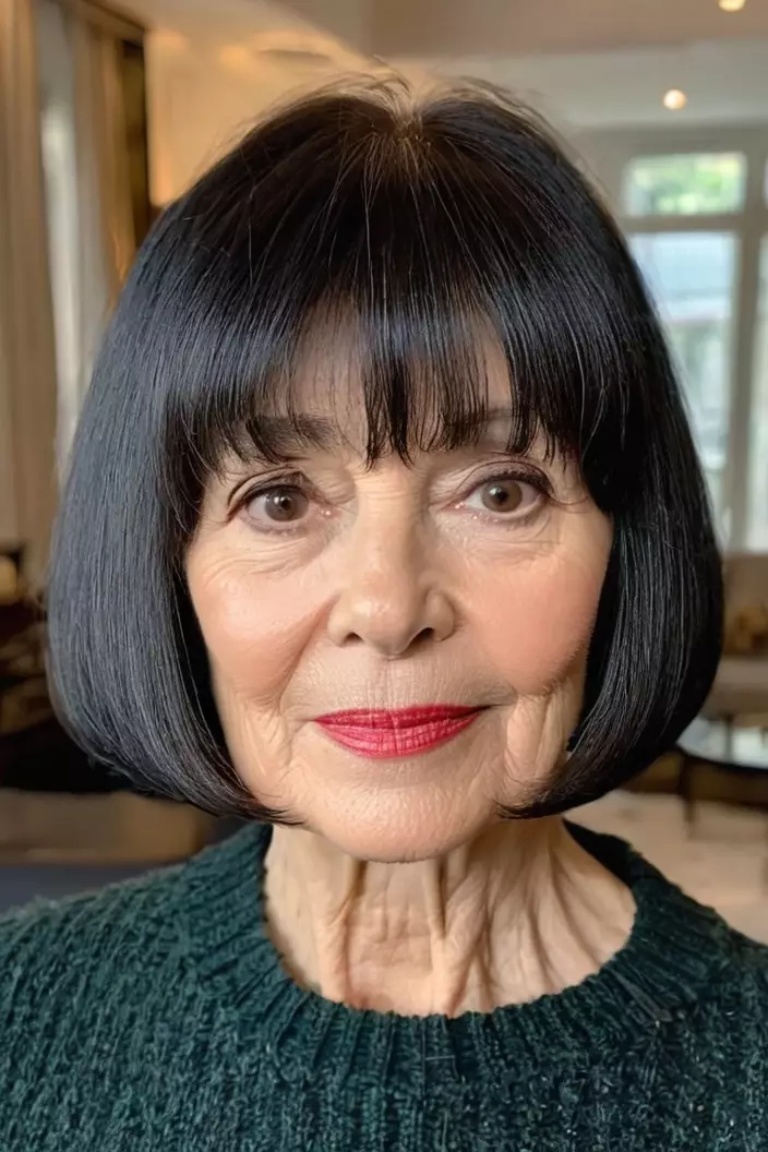 A photo of a 65-year-old Vivian, jaw-length bob with full bangs with fine hair, front view, living room background  