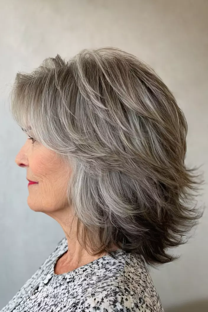 A photo of a 66-year-old Quinn, wispy layers with textured ends, side view, living room background  