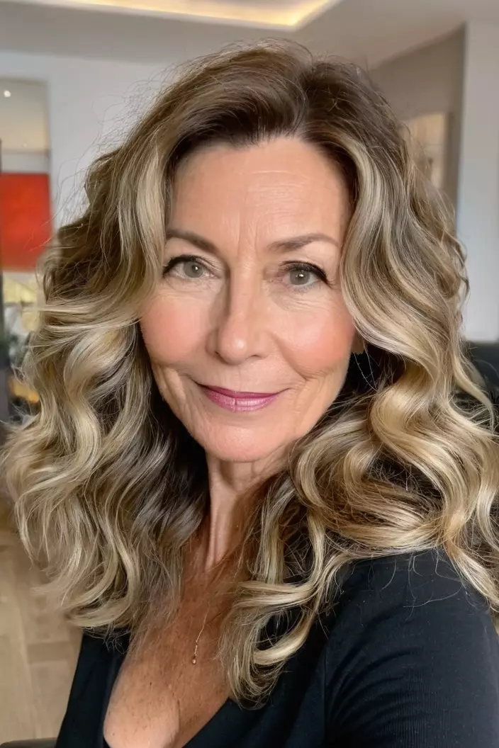 A photo of a 49-year-old Caroline, long loose waves for thick hair, living room background  