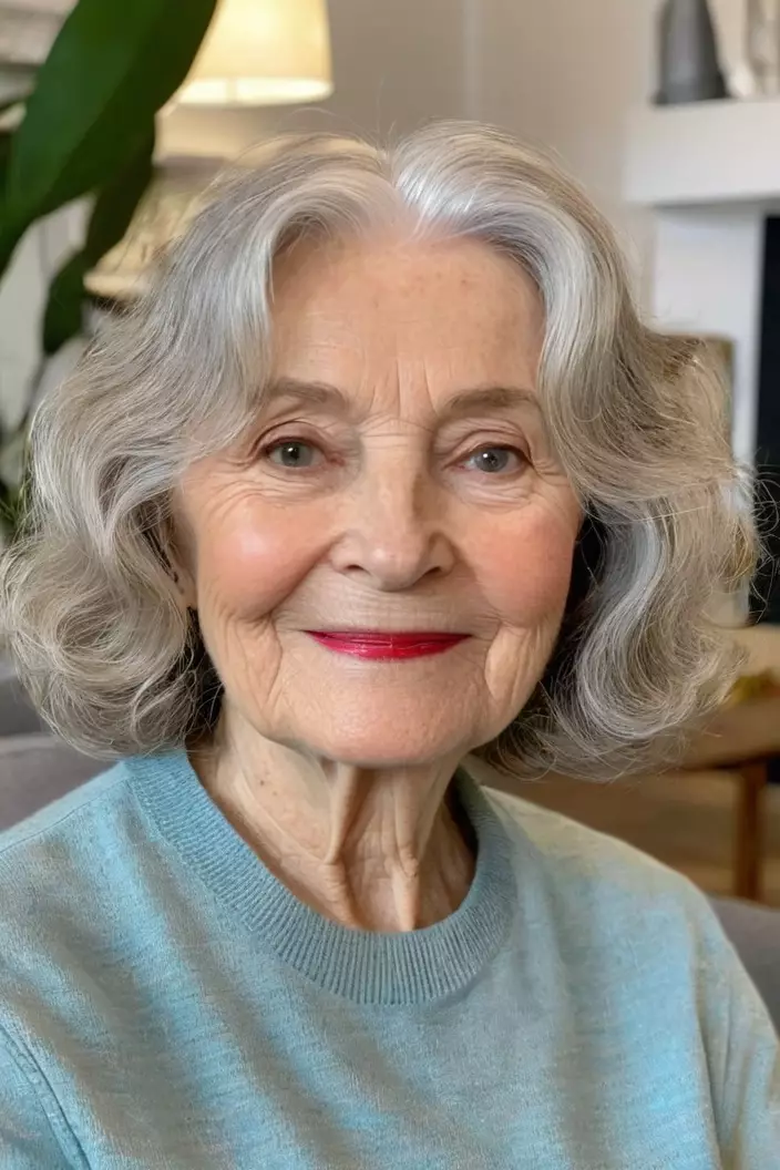 A photo of a 73-year-old Helen, soft wavy lob, front view, living room background  