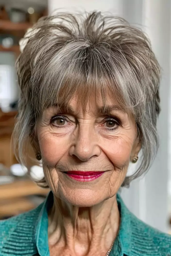 Shaggy Pixie With Long Bangs A photo of a 65-year-old Patricia, shaggy pixie with long bangs, front view, living room background