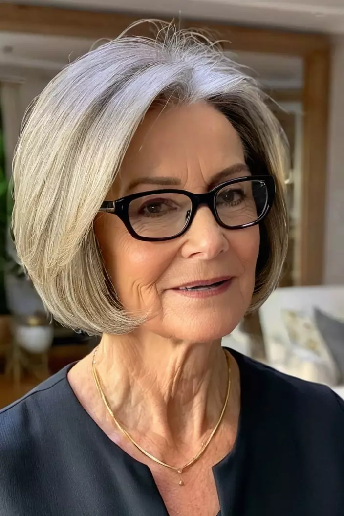 A photo of a 62-year-old Catherine wearing glasses, jaw-length layered bob, back view, living room background  