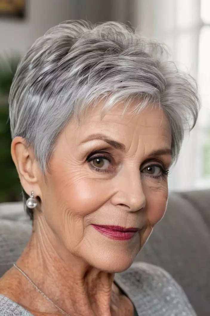 A photo of a 67-year-old Patricia, rounded silver pixie with fine hair, front view, living room background  