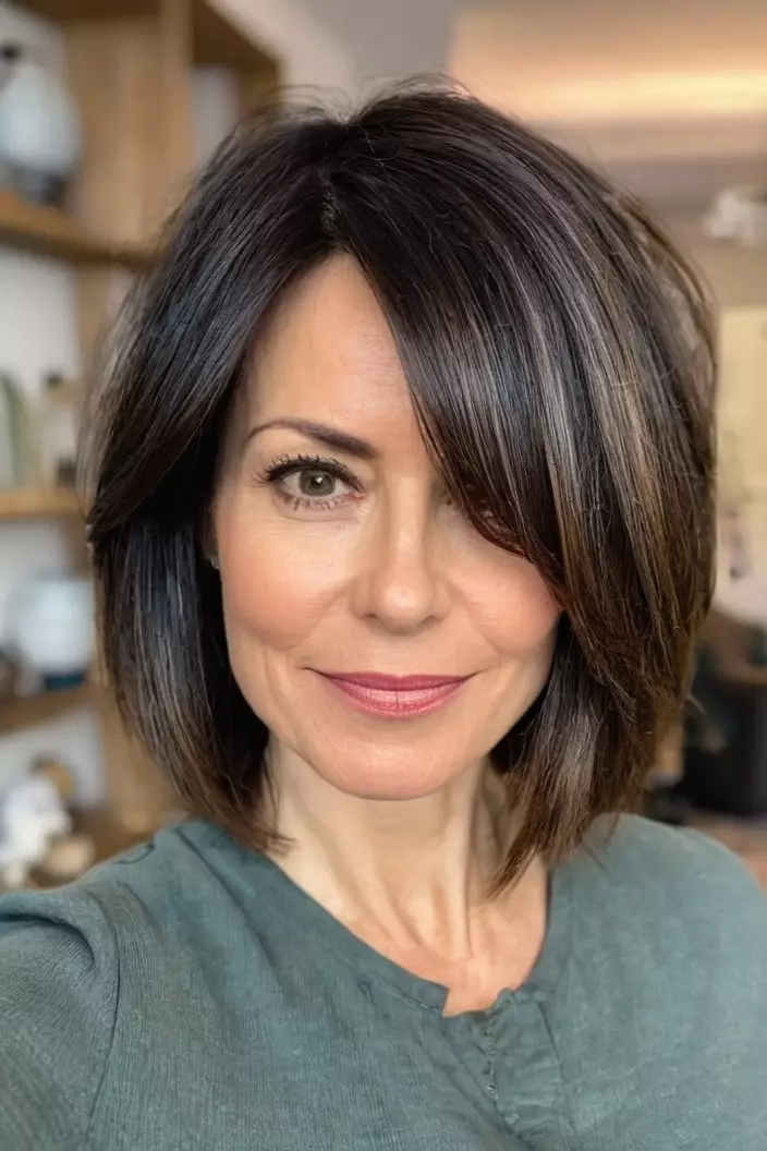 A photo of a 45-year-old Amelia, layered haircut for thick hair, living room background  