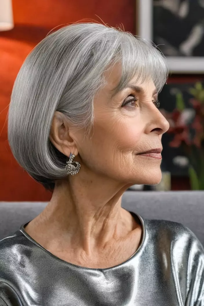 A photo of a 63-year-old Anita, silver bob, side view, living room background  