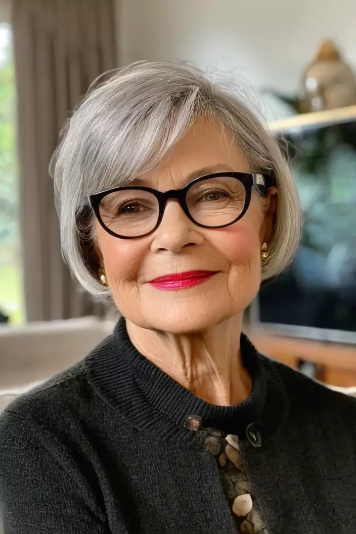 A photo of a 65-year-old Carol wearing glasses, pixie bob, side view, living room background  