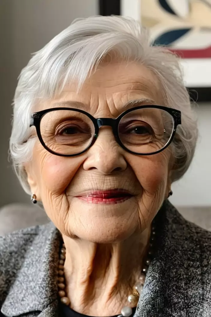 A photo of a 79-year-old Gladys wearing glasses, silver lob, side view, living room background  