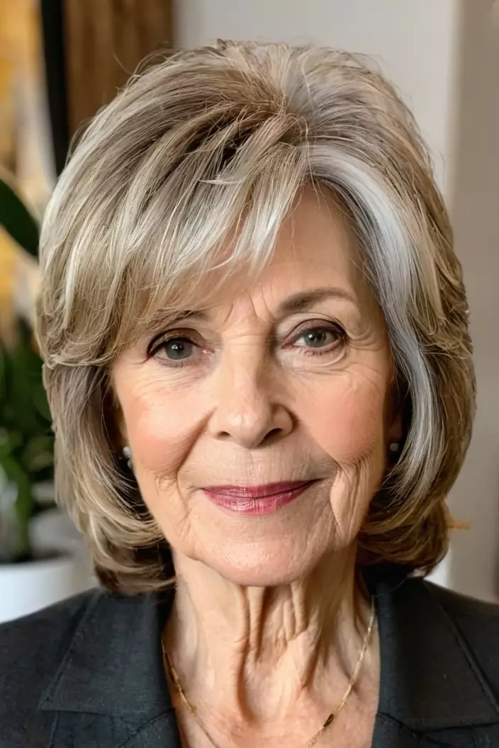 A photo of a 68-year-old Linda, shoulder-length layers with side-swept bangs, front view, living room background  