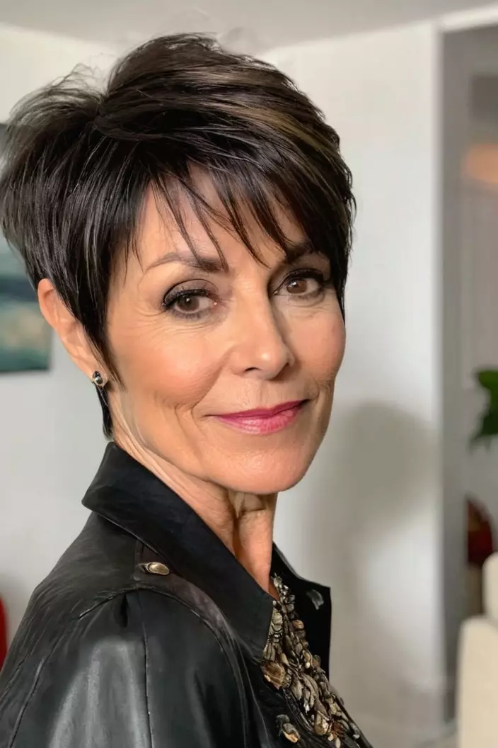 A photo of a 57-year-old Georgia, Layered Pixie with Side-Swept Bangs, side view, living room background  