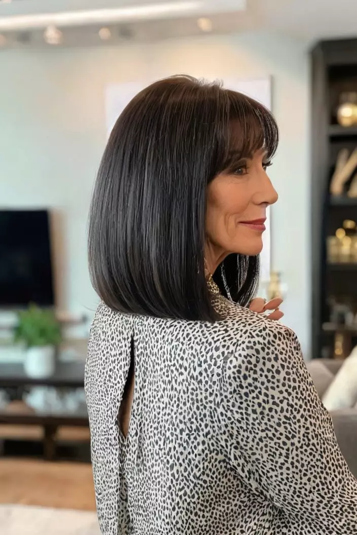 A photo of a 52-year-old Tiffany, long bob with side bangs, back view, living room background  