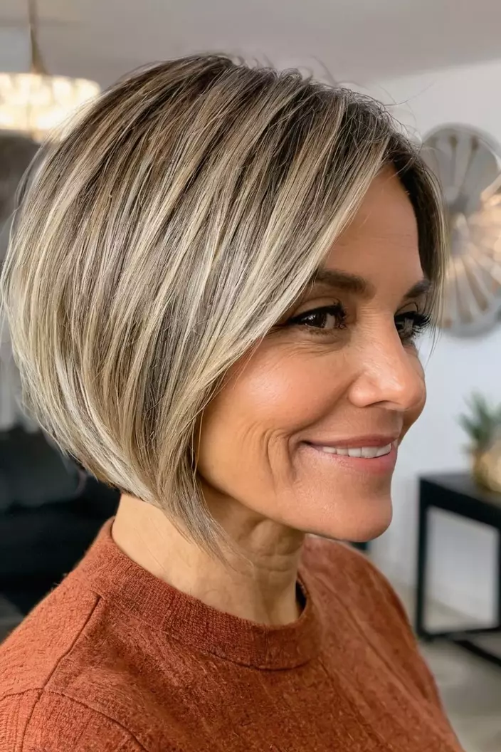 A photo of a 41-year-old Yolanda, pixie bob for thick hair, living room background  