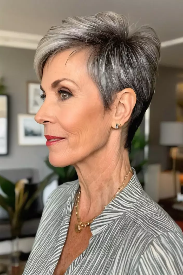 A photo of a 61-year-old Wendy, pixie with tapered sides with fine hair, side view, living room background  