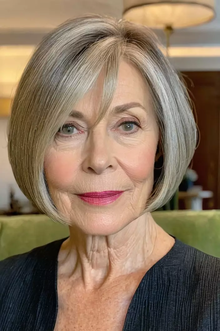 A photo of a 60-year-old Claire, jaw-length bob with fine hair, front view, living room background  