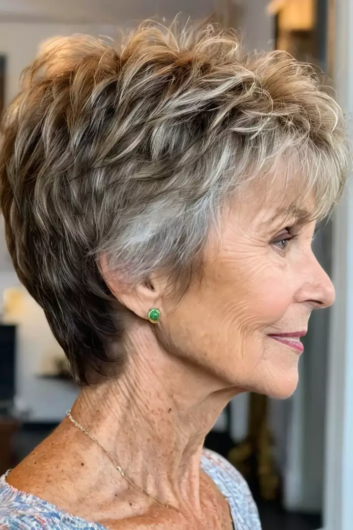 Shaggy Pixie With Highlights A photo of a 67-year-old Linda, shaggy pixie with highlights, side view, living room background