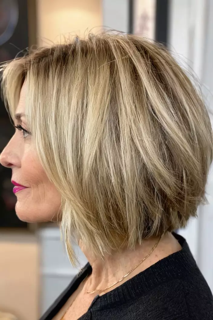 A photo of a 54-year-old Jessica, choppy blonde bob, side view, living room background  