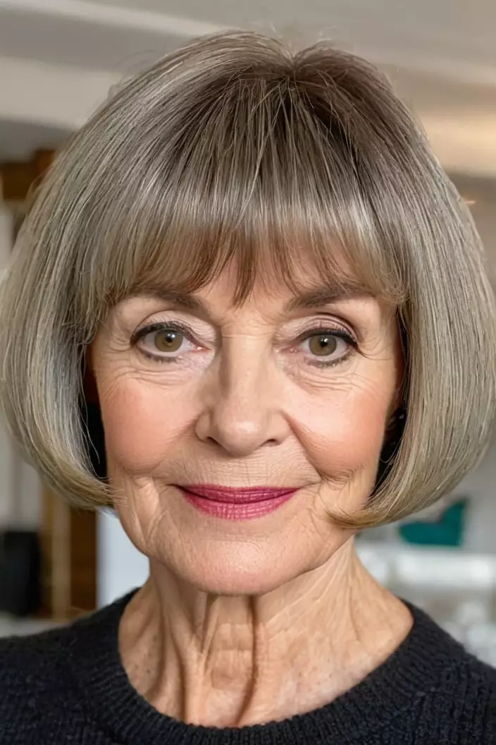 A photo of a 66-year-old Marie, short bob with soft bangs with fine hair, front view, living room background  