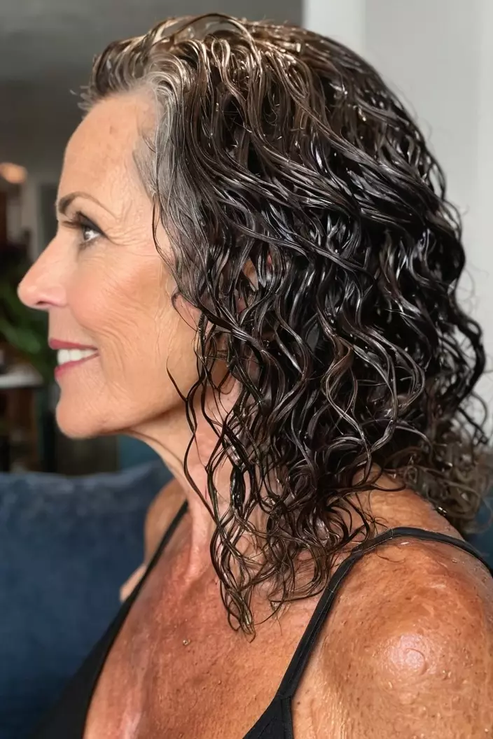 A photo of a 54-year-old Debra, Wet-Look Waves, side view, living room background  