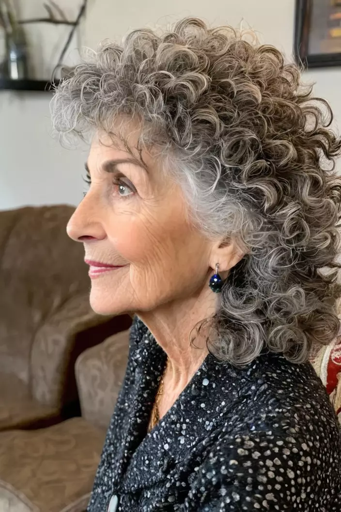 Long Curly Salt and Pepper Shag A photo of a 66-year-old Nancy, long curly salt and pepper shag, side view, living room background
