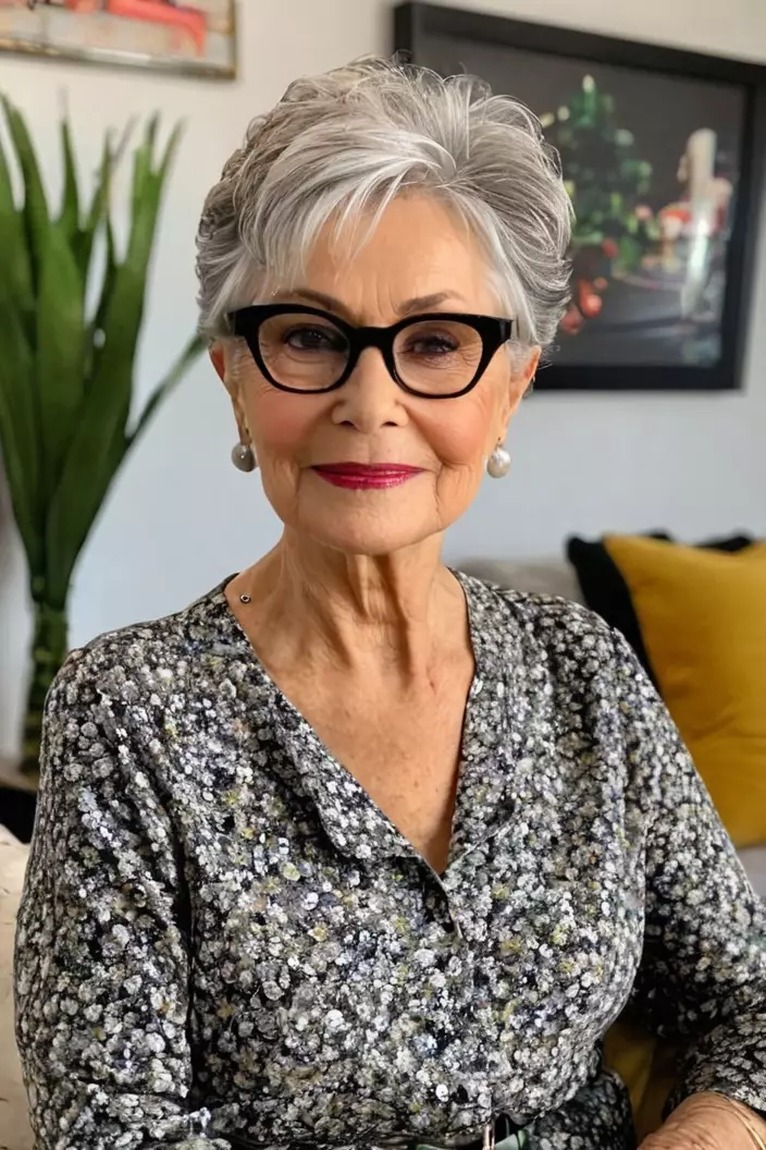 A photo of a 71-year-old Sophia wearing glasses, salt and pepper pixie, back view, living room background  