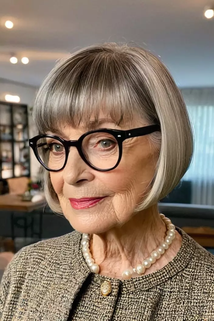 A photo of a 70-year-old Alice wearing glasses, short rounded bob with bangs, back view, living room background  