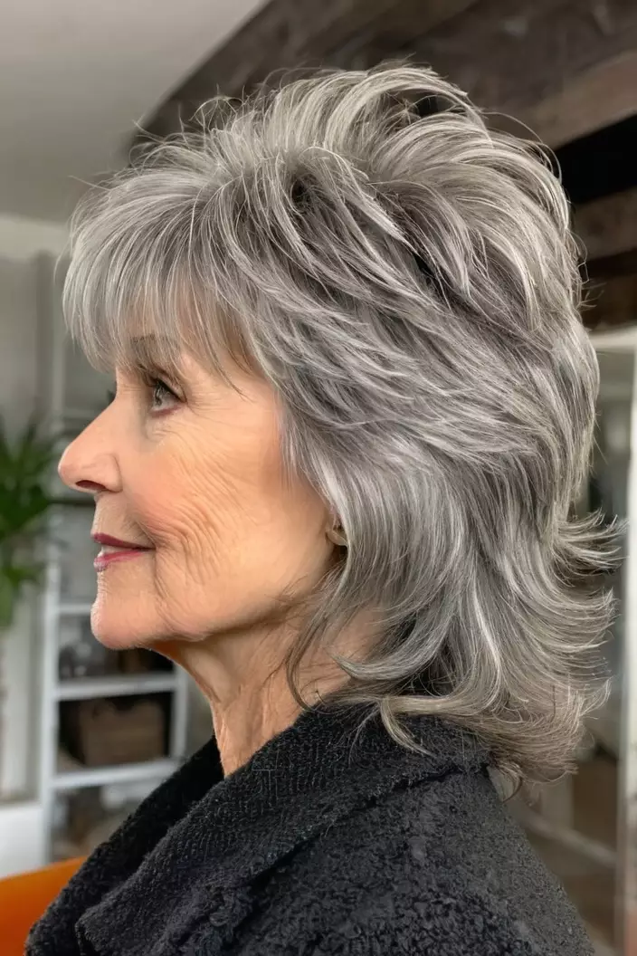 Mid-Length Gray Shag With Bangs A photo of a 66-year-old Susan, mid-length gray shag with bangs, side view, living room background
