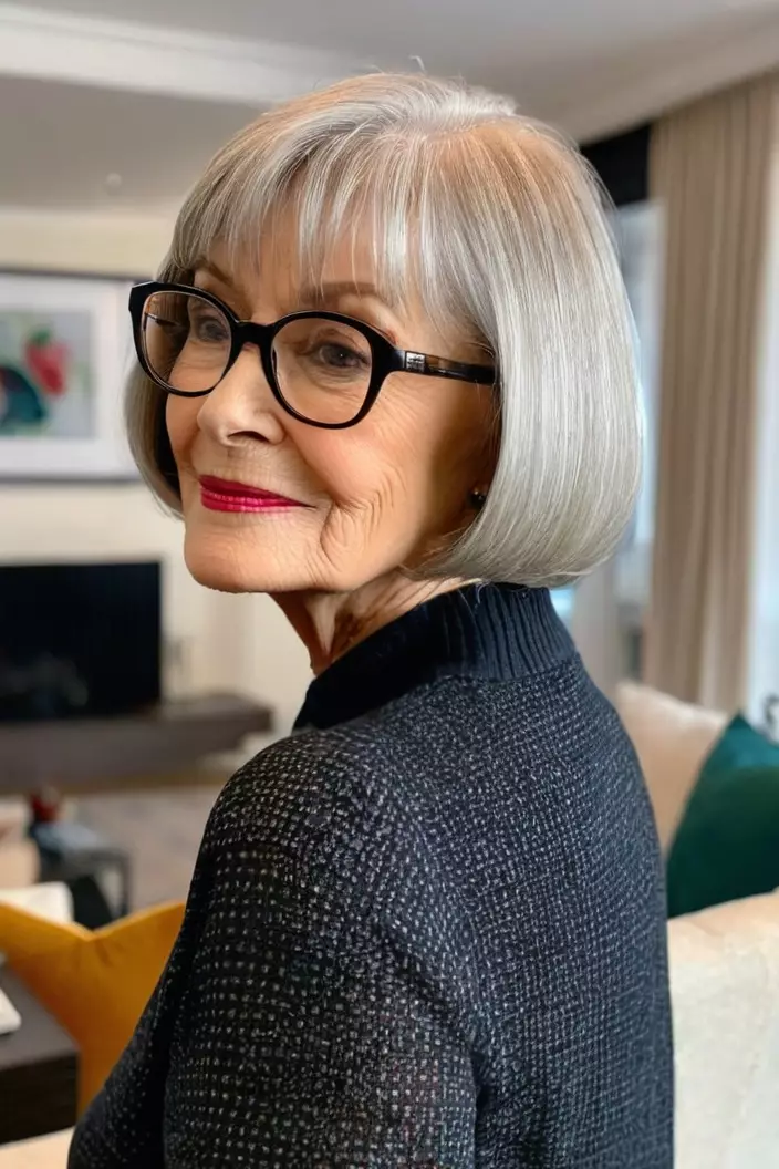 A photo of a 69-year-old Helen wearing glasses, straight bob with side bangs, back view, living room background  