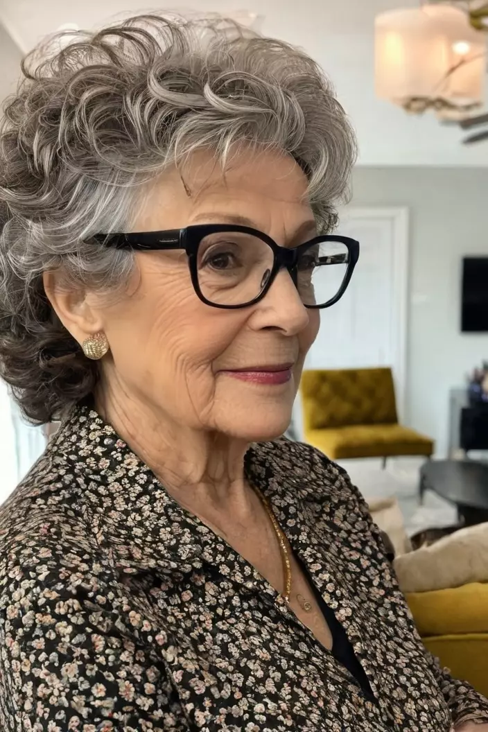 A photo of a 65-year-old Margaret wearing glasses, curly layers, back view, living room background  