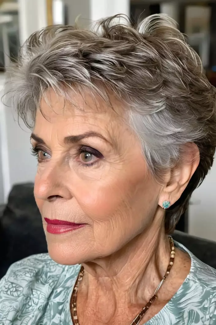 A photo of a 67-year-old Phyllis, tousled pixie with fine hair, side view, living room background  