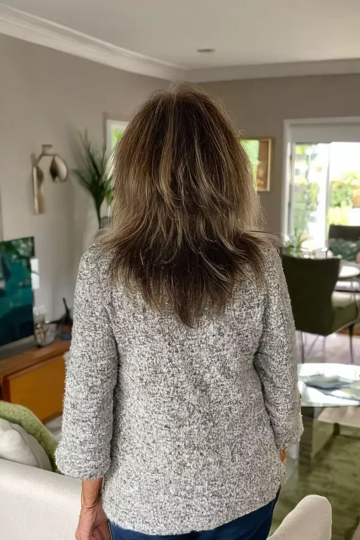 A photo of a 56-year-old Carol, shoulder-length shaggy layers, back view, living room background  