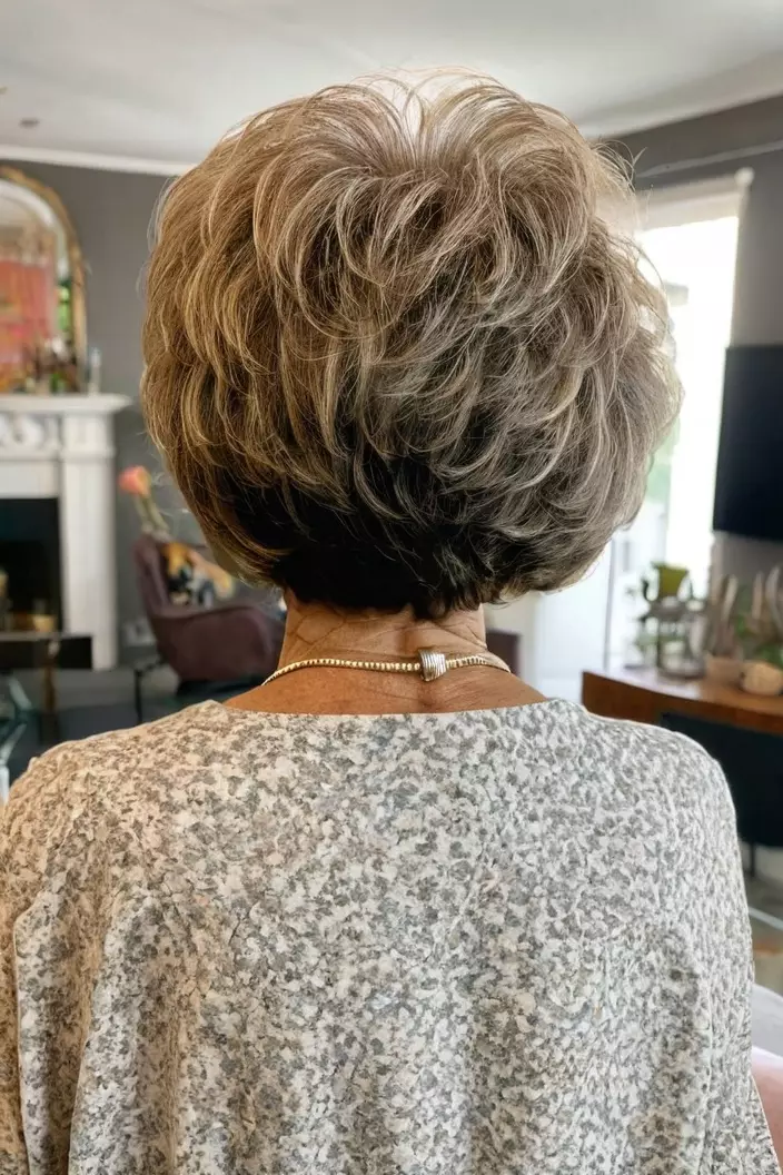 Rose Shaggy Cut A photo of a 60-year-old Doris, rose shaggy cut, back view, living room background