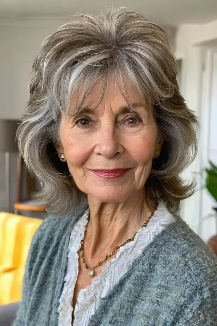Long Highlighted Shaggy Layers A photo of a 68-year-old Mary, long highlighted shaggy layers, front view, living room background
