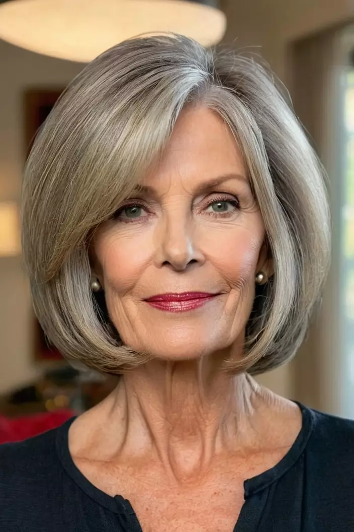 A photo of a 63-year-old Donna, face-framing bob with fine hair, front view, living room background  