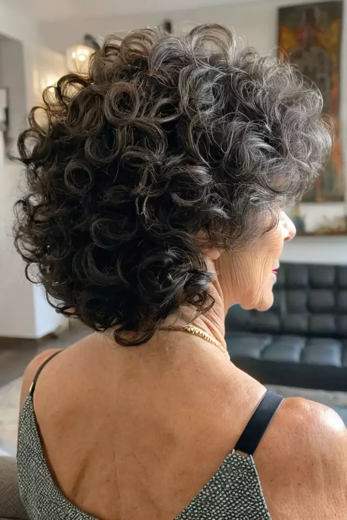 A photo of a 62-year-old Zoe, textured curls with bangs, back view, living room background  