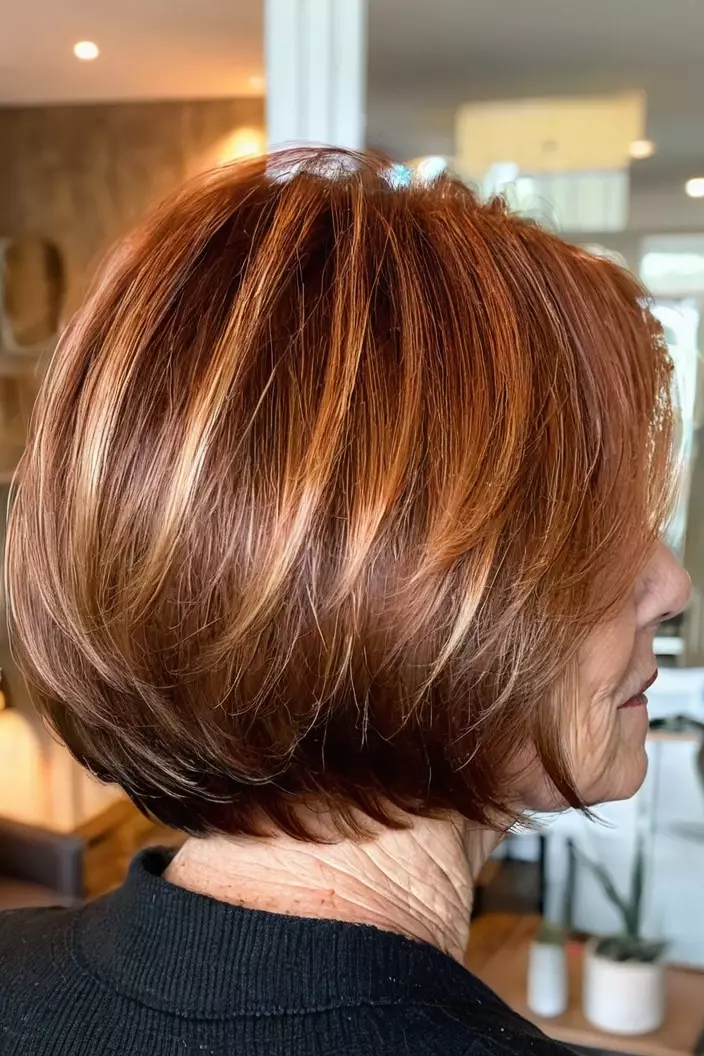 A photo of a 65-year-old Nancy, layered copper bob with fine hair, back view, living room background  