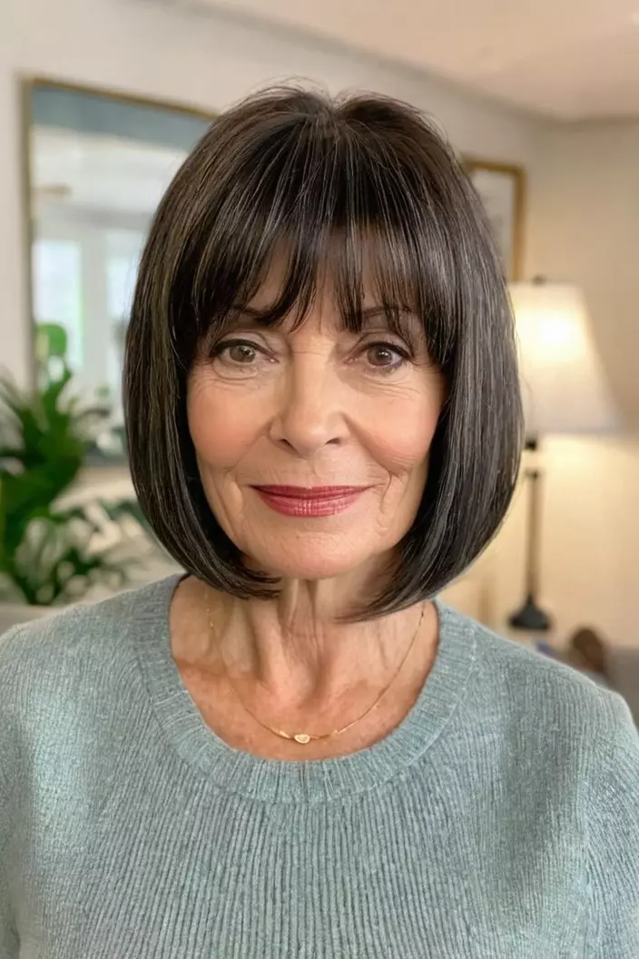 A photo of a 60-year-old Lisa, layered bob with bangs with fine hair, front view, living room background  