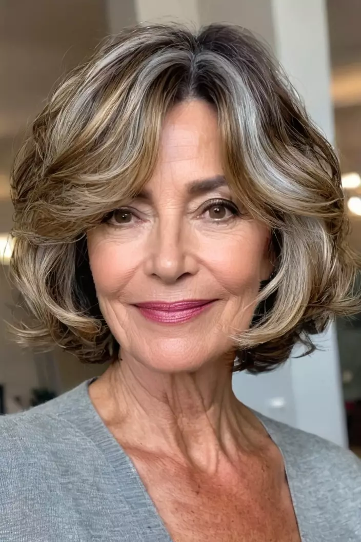 A photo of a 51-year-old Patricia, Wavy Bob with Face-Framing Highlights, front view, living room background  