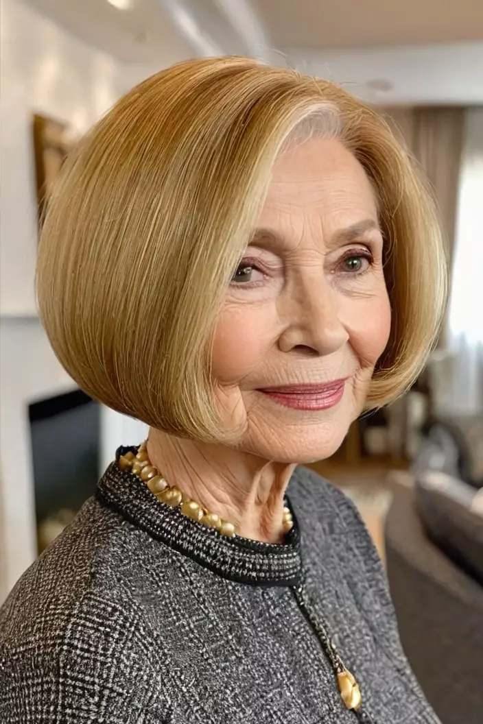 A photo of a 75-year-old Margaret, honey blonde bob hairstyle, front view, living room background  