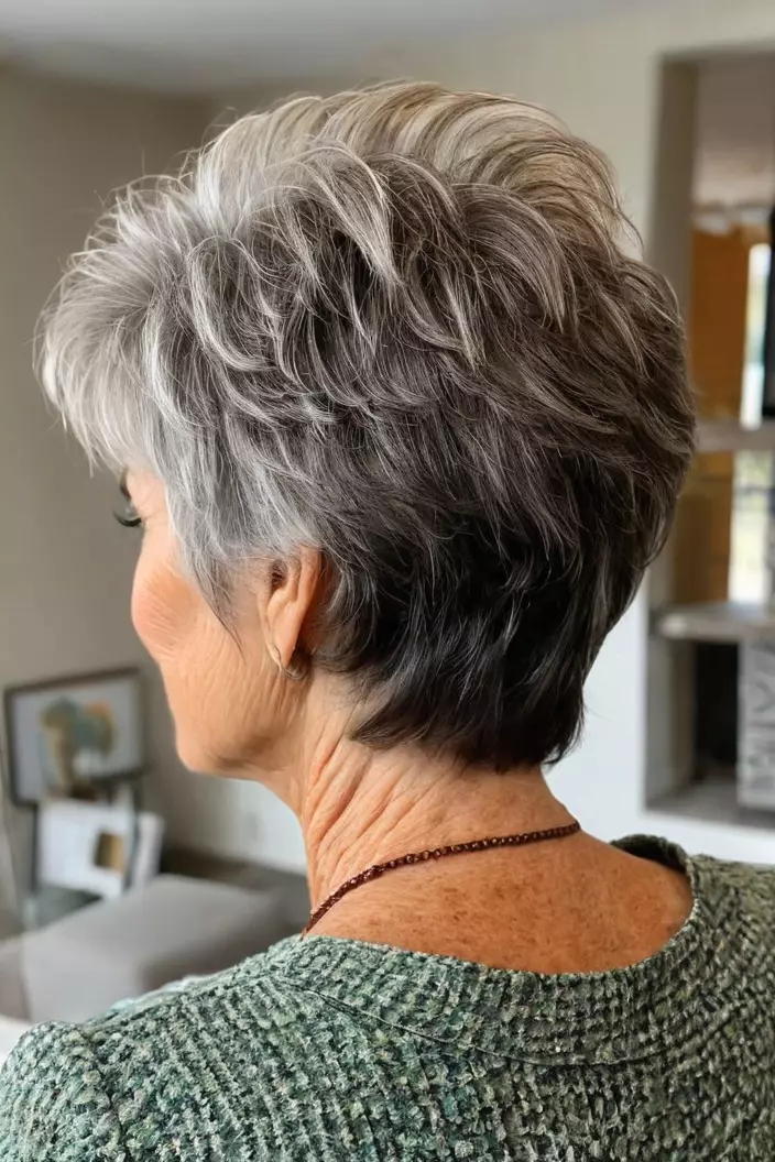 Wispy Shaggy Cut For Fine Hair A photo of a 66-year-old Betty, wispy shaggy cut for fine hair, back view, living room background
