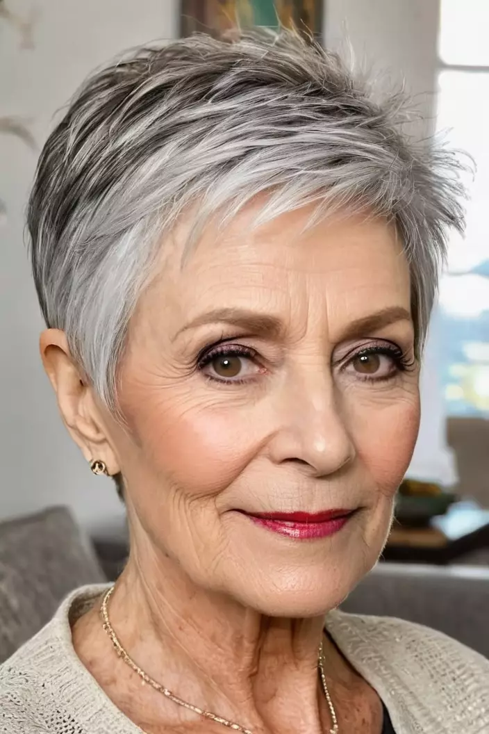 A photo of a 72-year-old Carol, straight asymmetrical pixie hairstyle, side view, living room background  