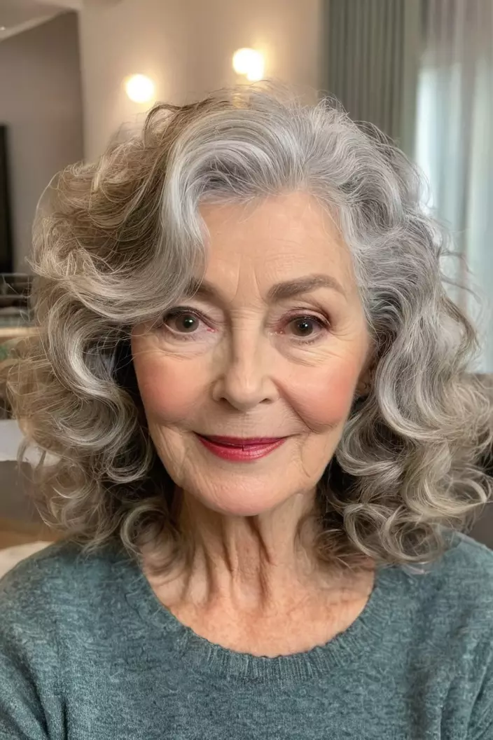 A photo of a 60-year-old Irene, soft wavy curls, front view, living room background  