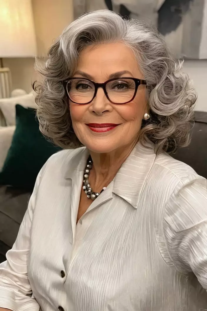 A photo of a 62-year-old Shirley wearing glasses, loose curls with side part, angled view, living room background  