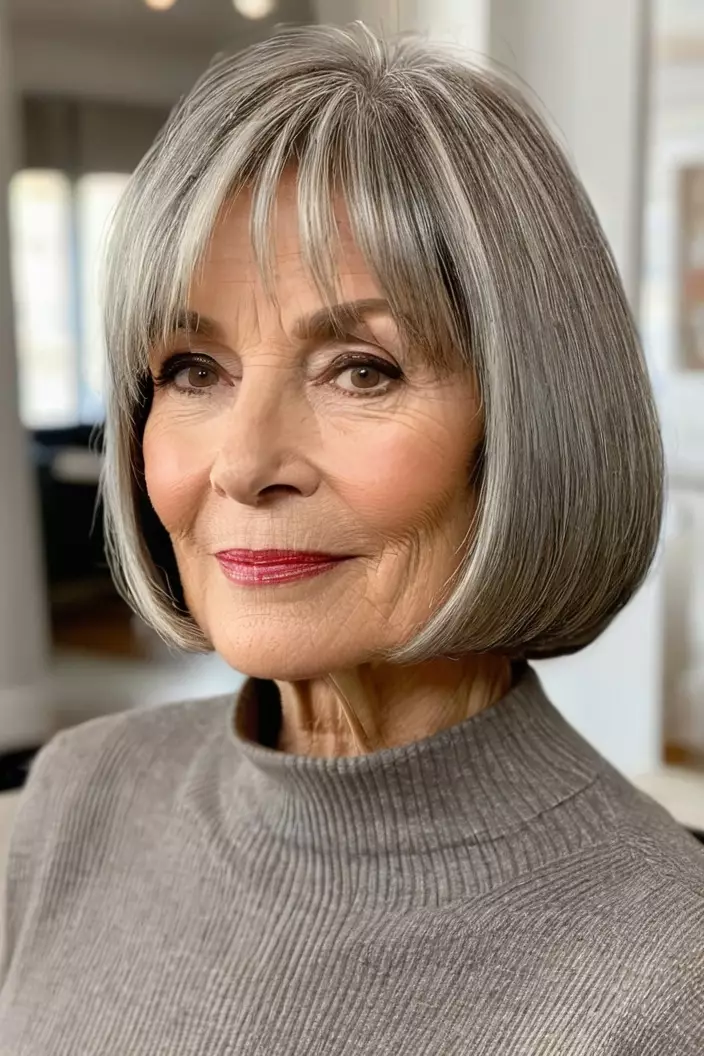 A photo of a 69-year-old Amanda, sleek jaw-length bob, angled view, living room background  