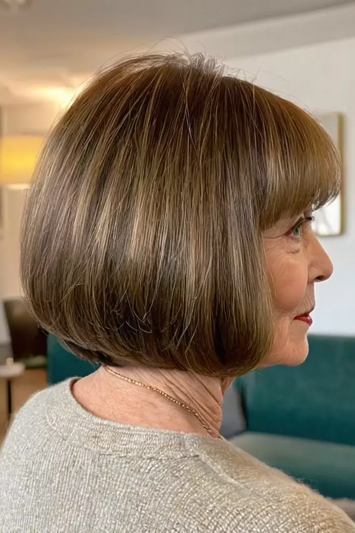 A photo of a 68-year-old Karen, voluminous bob with bangs with fine hair, back view, living room background  
