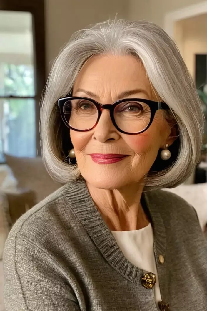 A photo of a 66-year-old Nancy wearing glasses, bob with center part, side view, living room background  