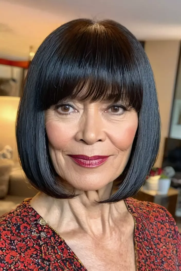 A photo of a 51-year-old Donna, chin-length bob with full bangs, front view, living room background  
