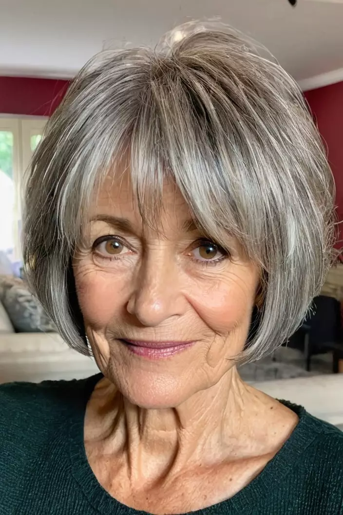 Straight Shaggy Pixie Bob A photo of a 60-year-old Elaine, straight shaggy pixie bob, front view, living room background